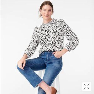 J Crew White Black Leopard Satin Crepe Ruffle Sleeve Top